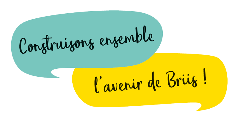 Phylactère vert - texte : "Construisons ensemble" & Phylactère jaune - texte : "l'avenir de Briis !"