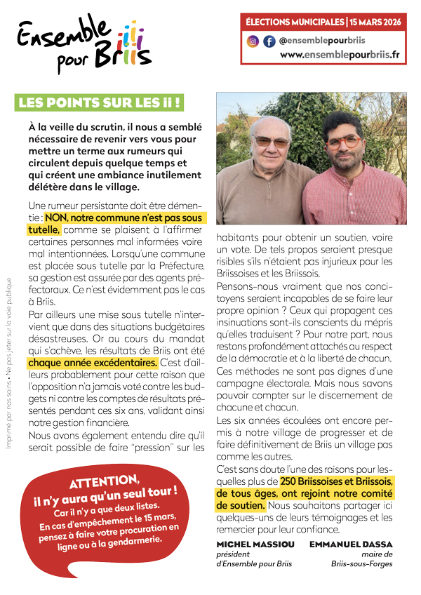 Double page intérieur du 4 pages Ensemble pour Briis - Un village pas comme les autres